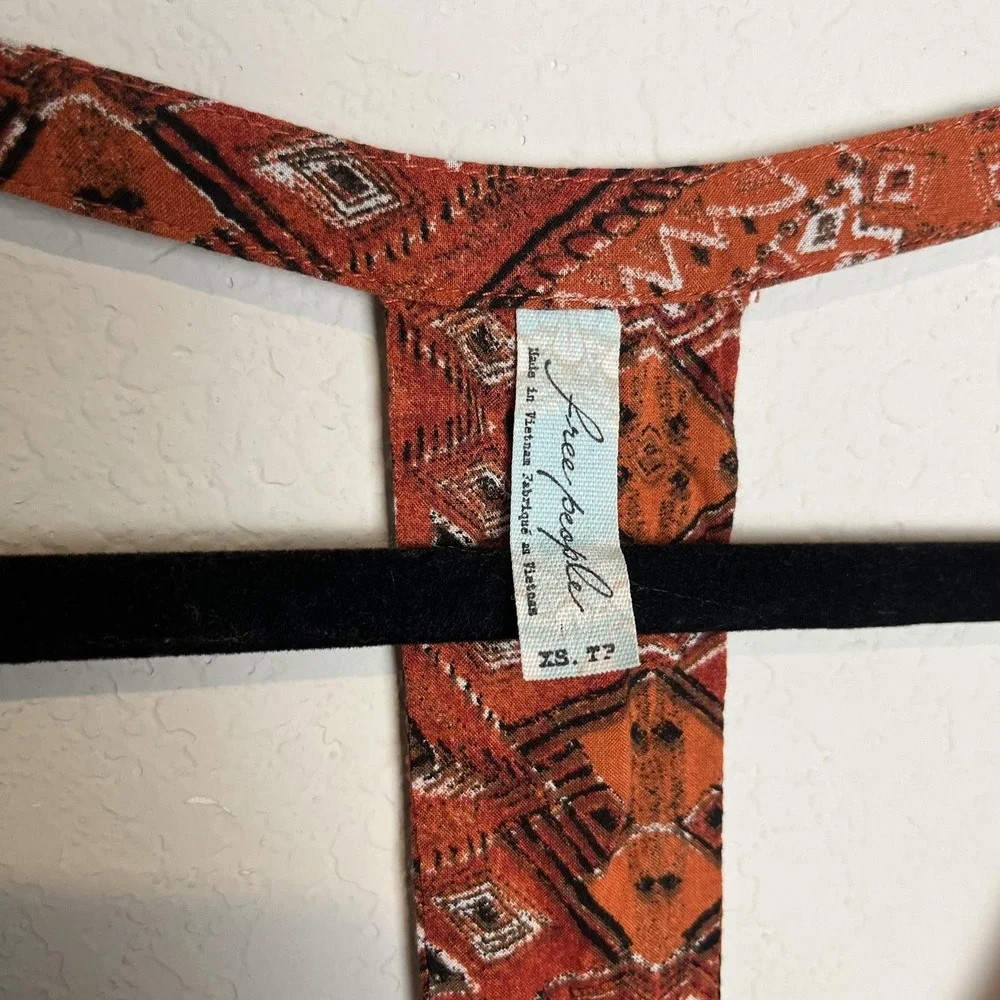 Free People Dress Womens XS Orange Geometric V Neck Button Front Backless Boho - Picture 3 of 7